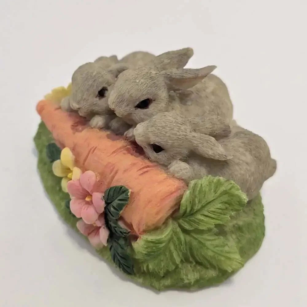 Russ Berrie Nature's Wonder Bunny Figurine #13975 Rabbits with Carrot & Flowers